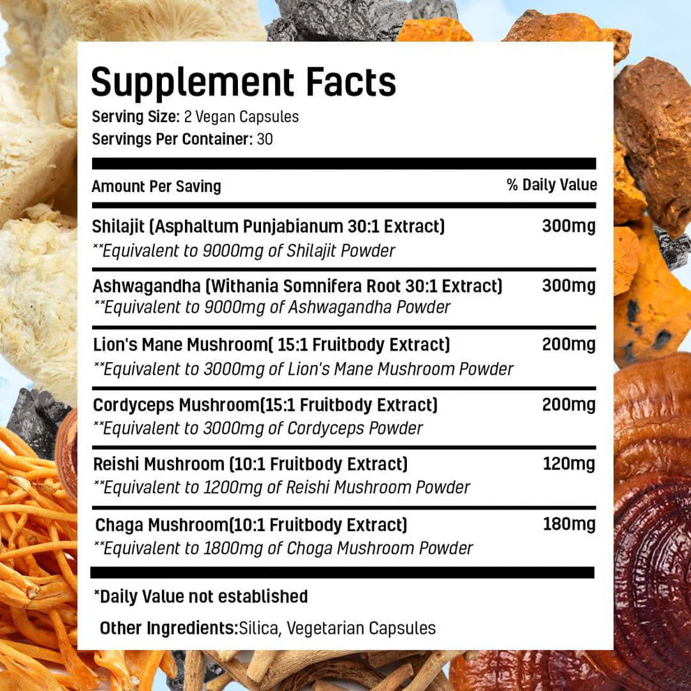 6 in 1 Shilajit Ashwagandha Mushroom Capsules