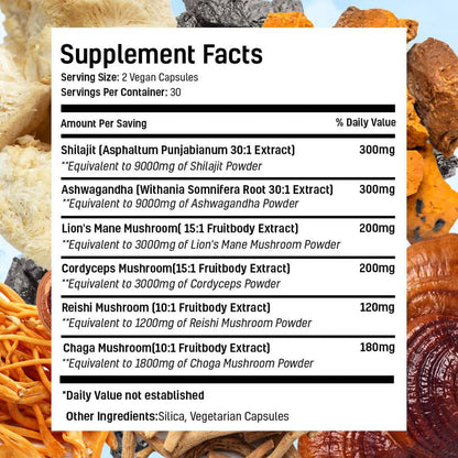 6 in 1 Shilajit Ashwagandha Mushroom Capsules